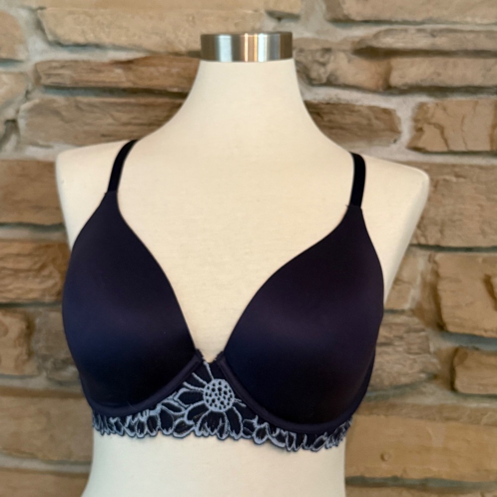 Aerie Sunnie Full Coverage Bra Navy Blue Floral Lace Details 34DD